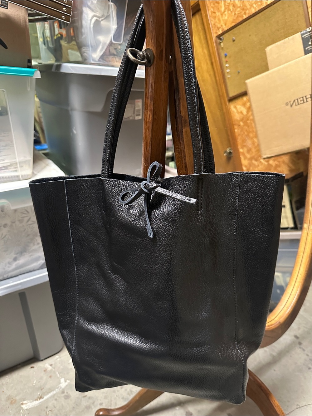 Italian Black Leather Tote Bag with Slim Shoulder Straps with Tie closure